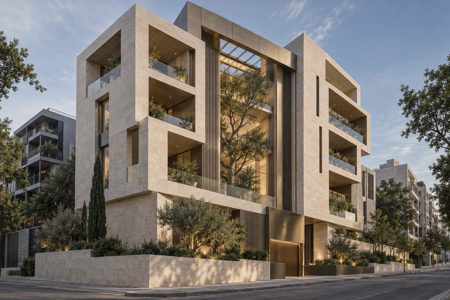 An imagined limestone apartment building with recessed terraces and a central tree-filled atrium.