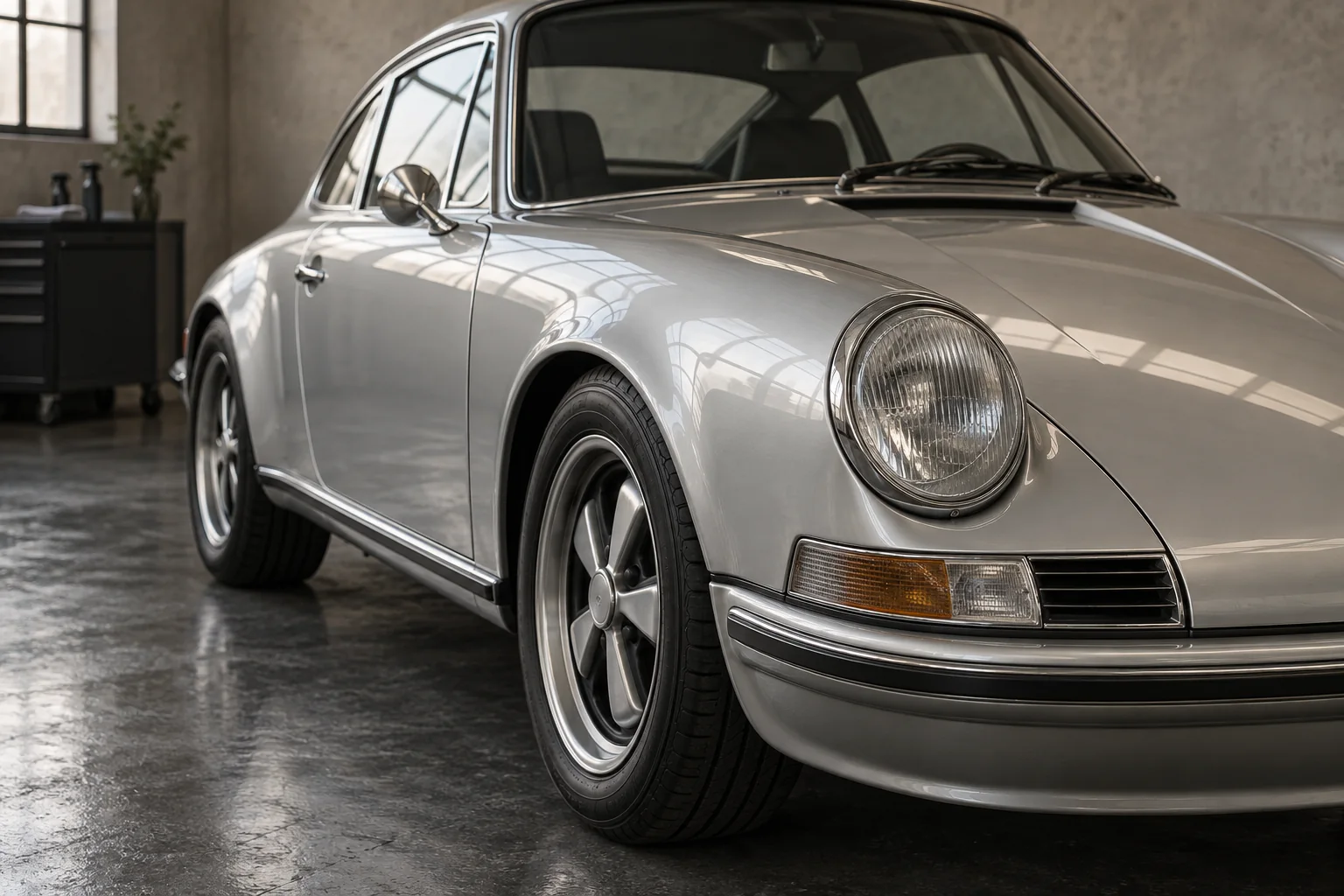 The silver hood, round headlight and wheel of an unbranded coupe in a quiet detailing bay.