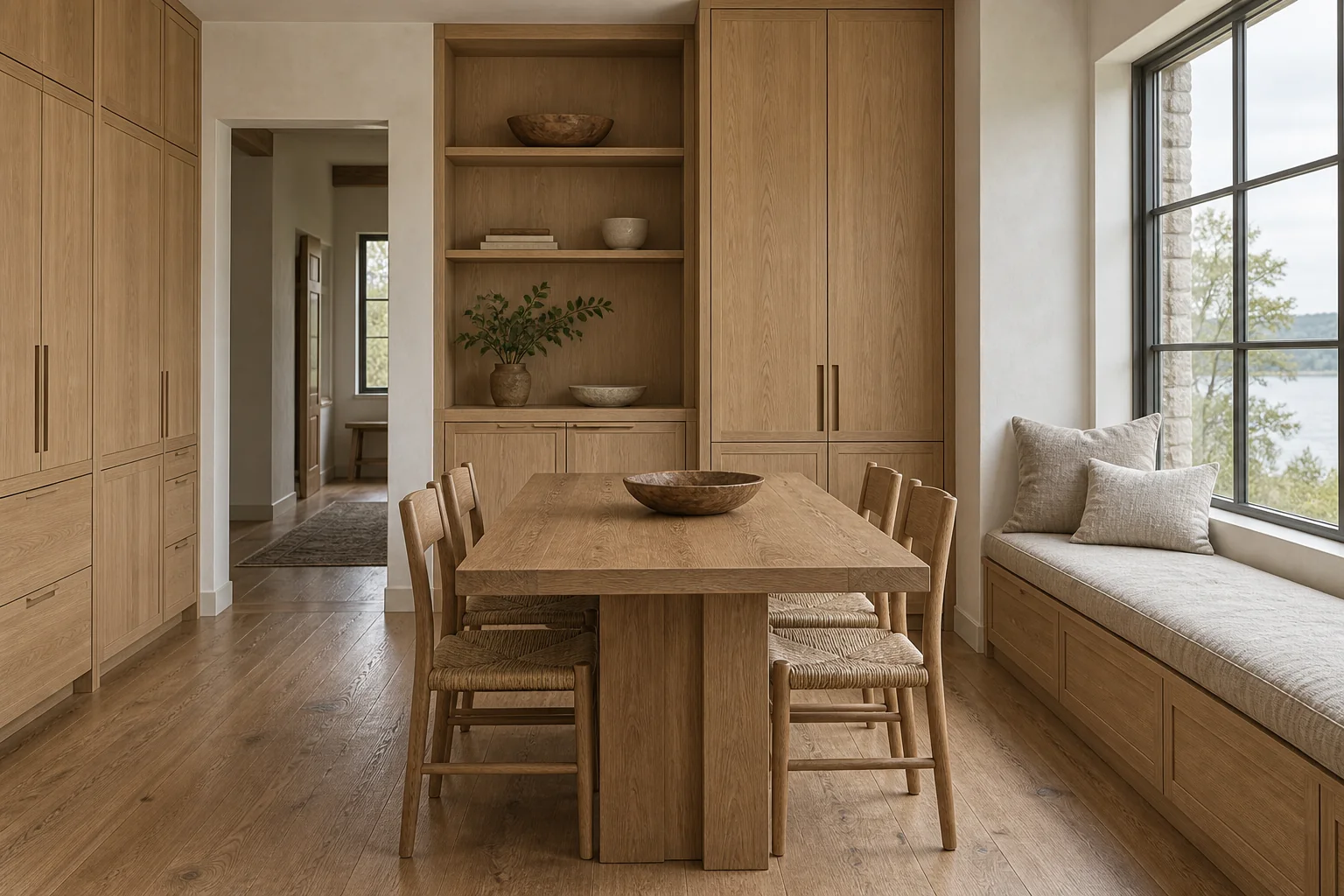 Light oak built-in cupboards and a window seat in a softly lit dining alcove.