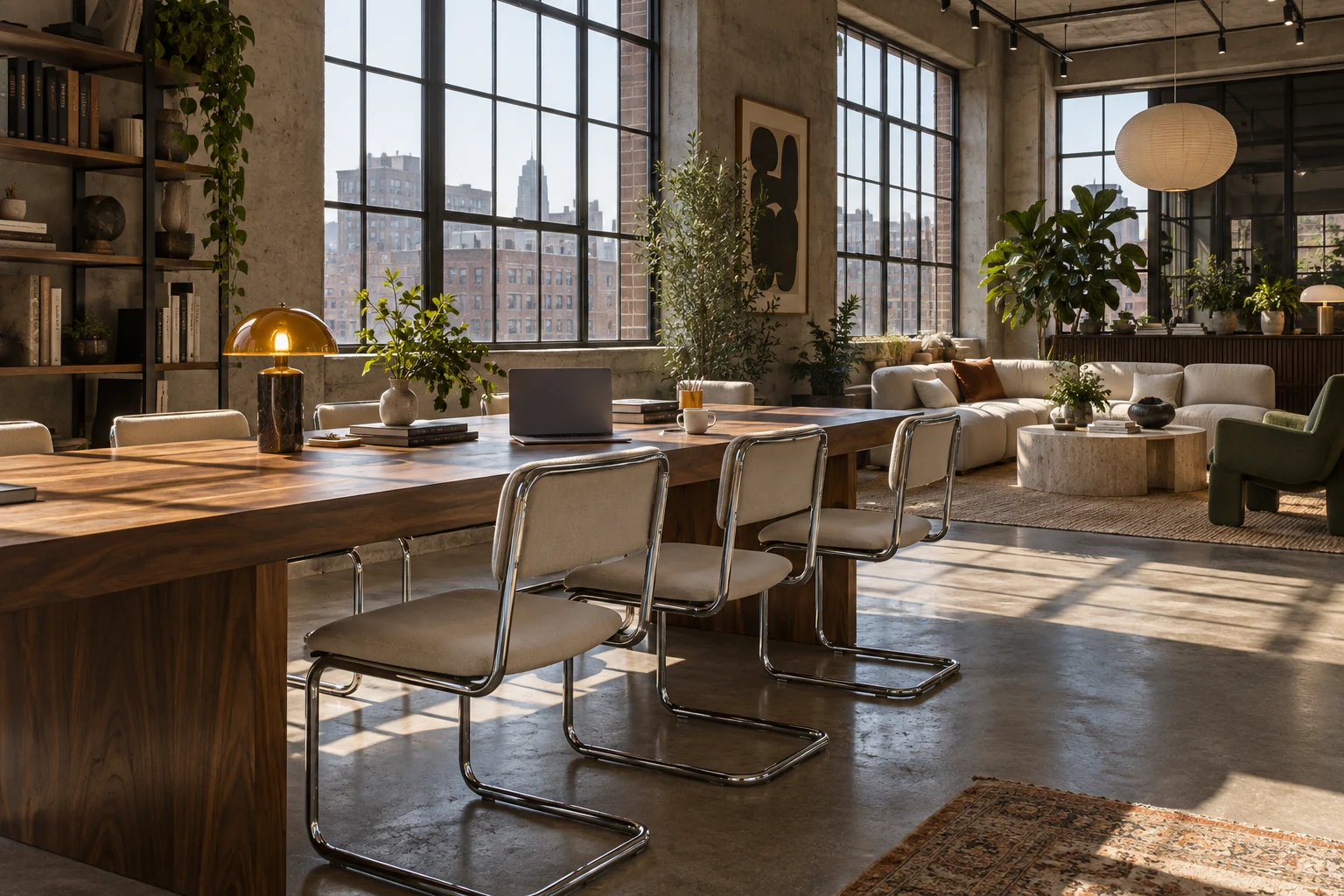 A warm coworking lounge with walnut tables, chrome chairs and large windows.
