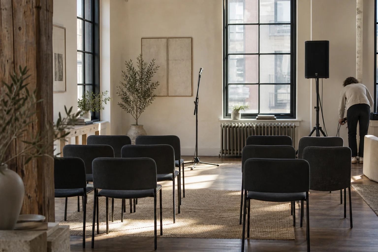 A microphone and speaker set up for an intimate event in a daylight-filled loft.