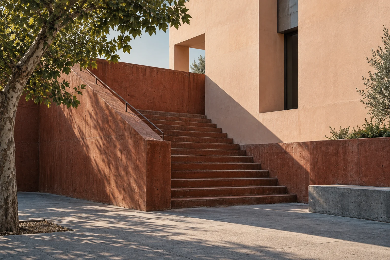 A rust-red stairway and peach facade with strong afternoon shadows.