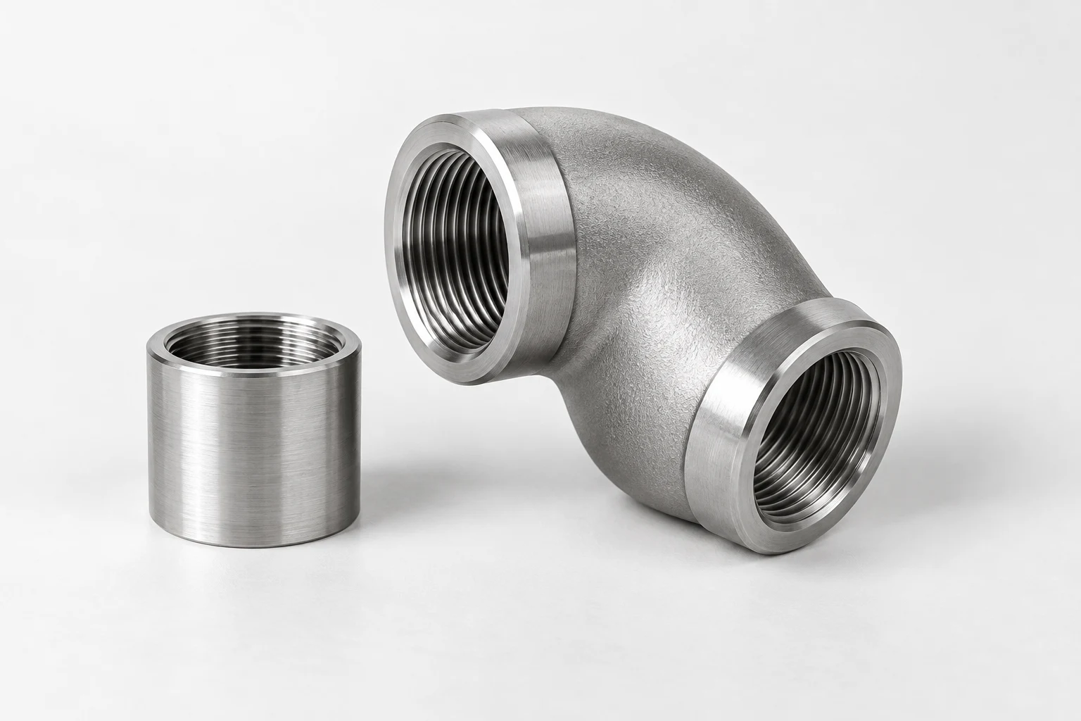 Stainless steel pipe fittings on a light work surface.