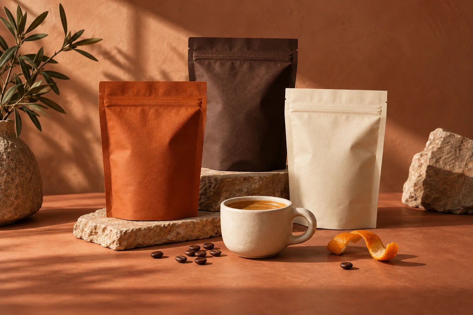Three matte coffee bags beside an espresso cup on a terracotta surface.