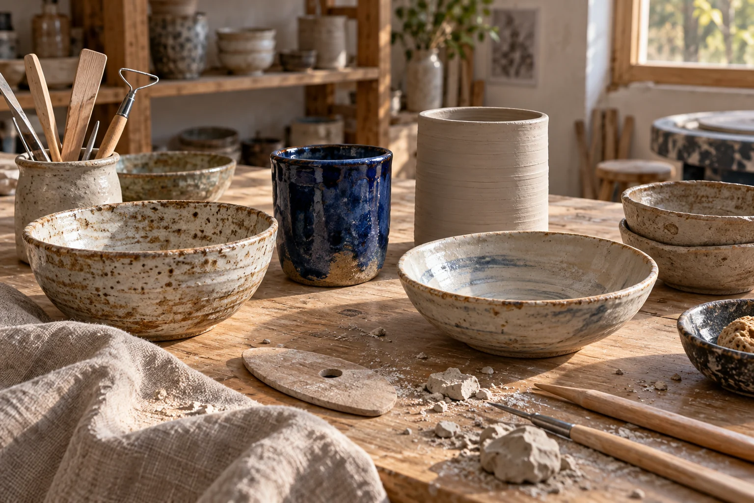 Hand-thrown clay bowls and a cobalt cup on a sunlit ceramics worktable.