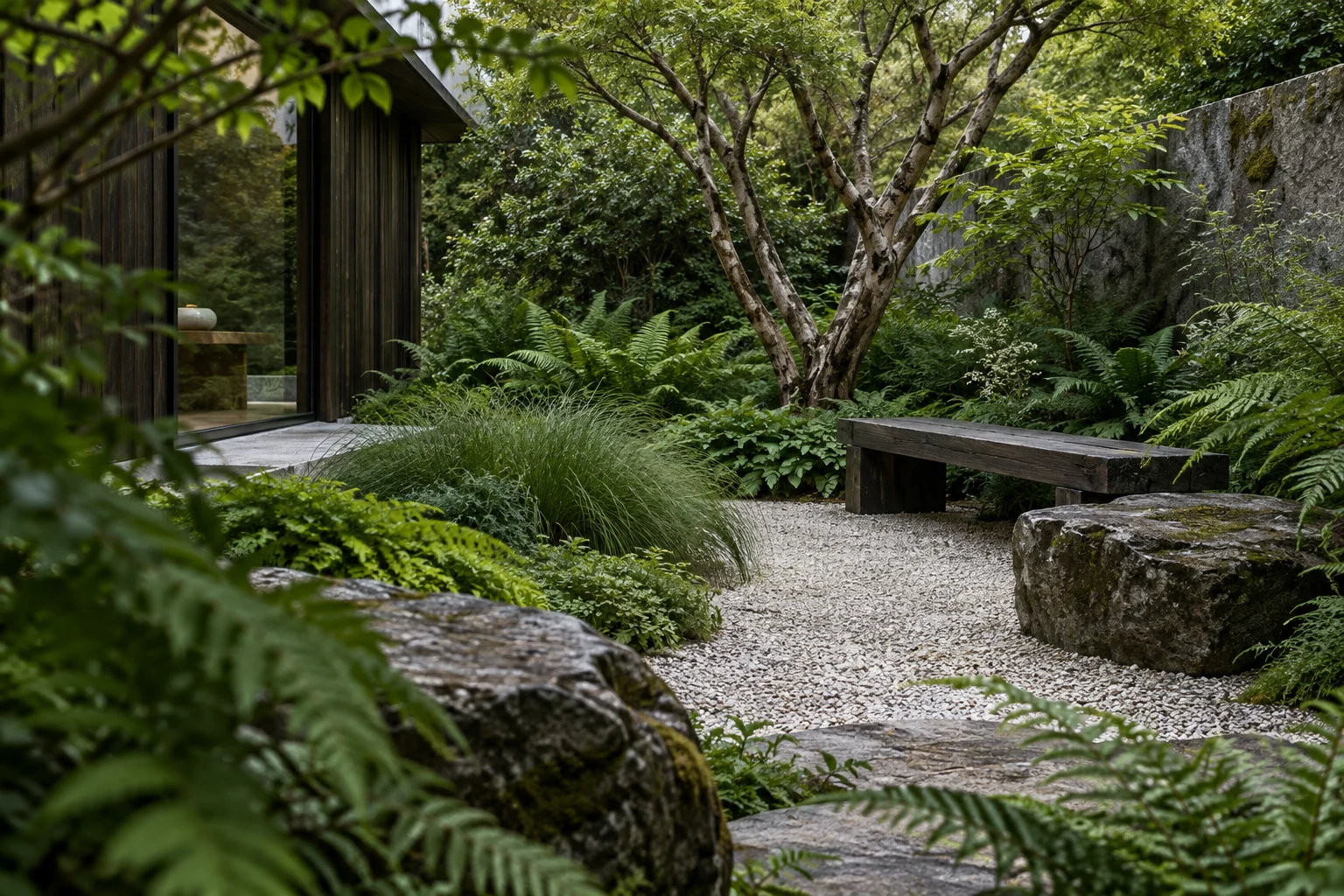 A layered courtyard garden with ferns, gravel paths and a dark timber bench.