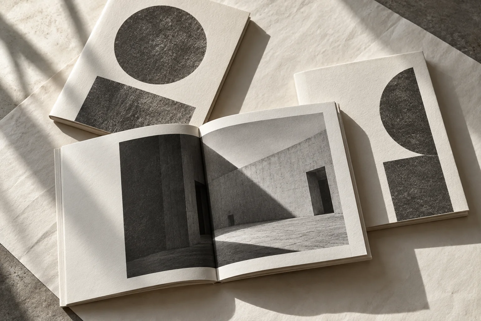 Unbranded monochrome art booklets showing folded paper, ink and an open photographic spread.