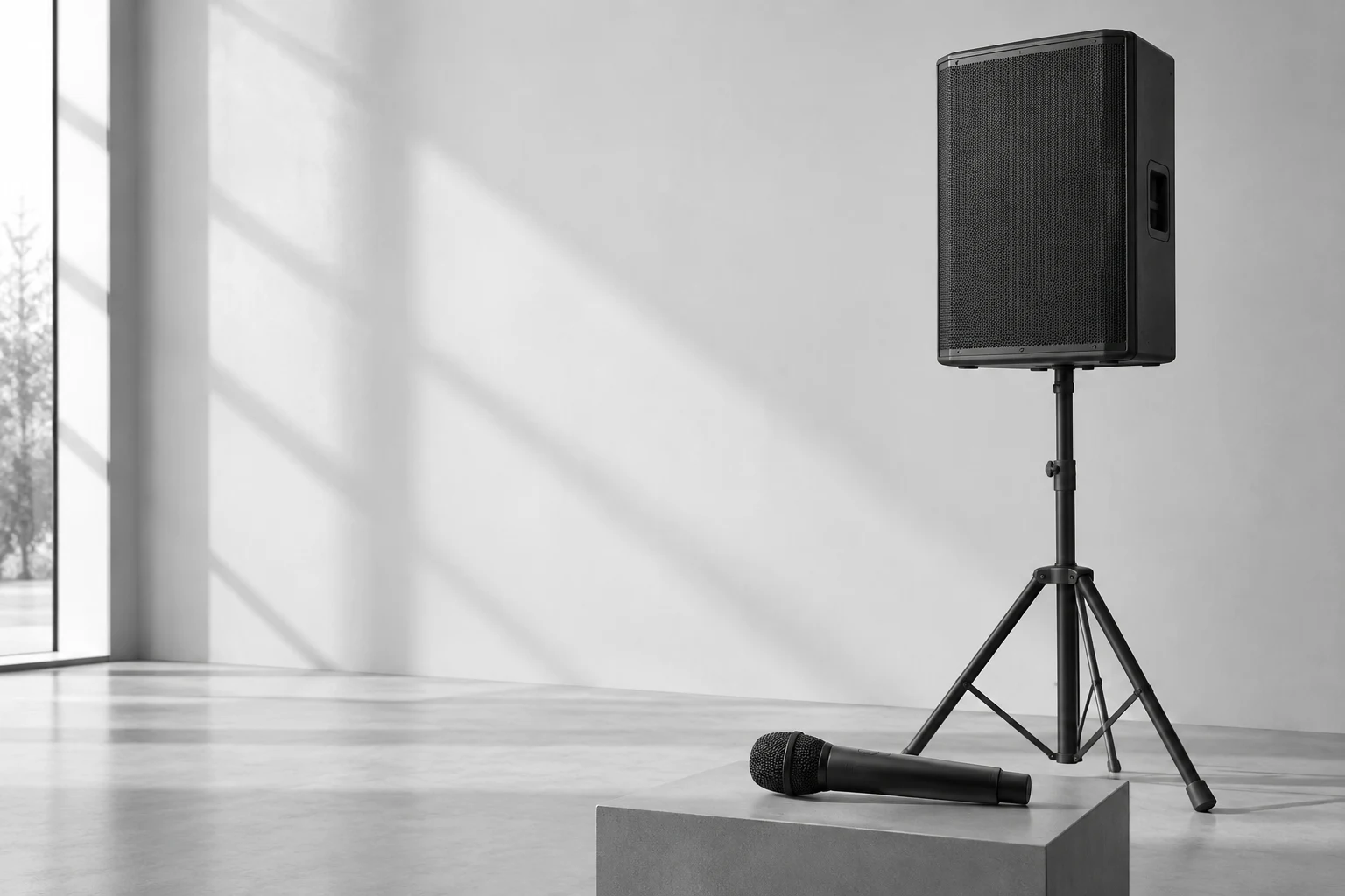 A PA speaker and wireless microphone.
