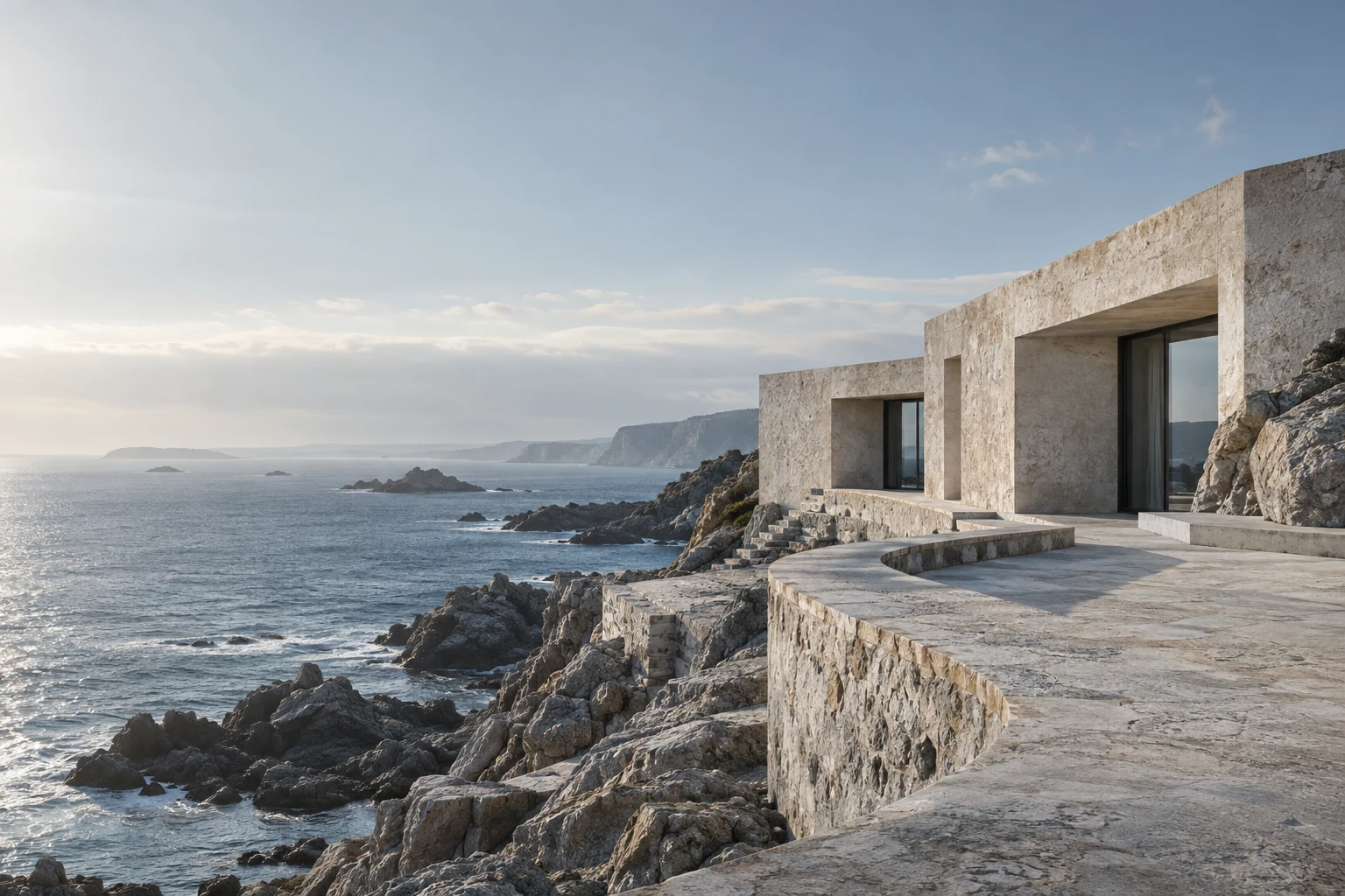 Original coastal retreat concept, with a limestone house and curved terrace above a slate-blue cove.