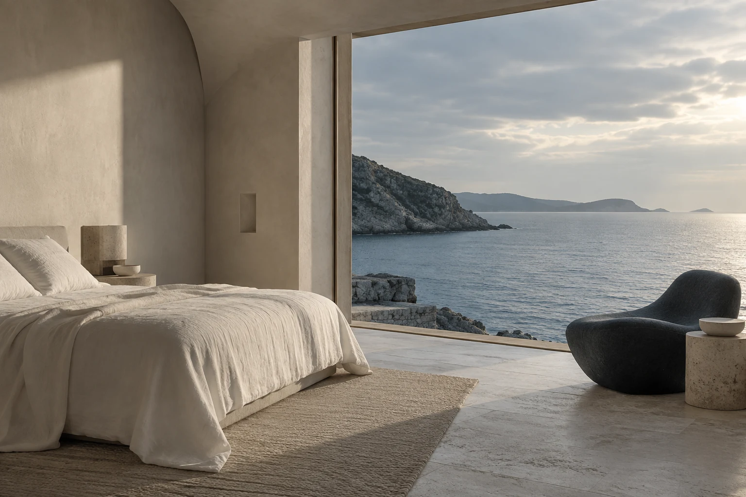 Original sea suite concept with white linen, a sculptural chair and an open sea view.