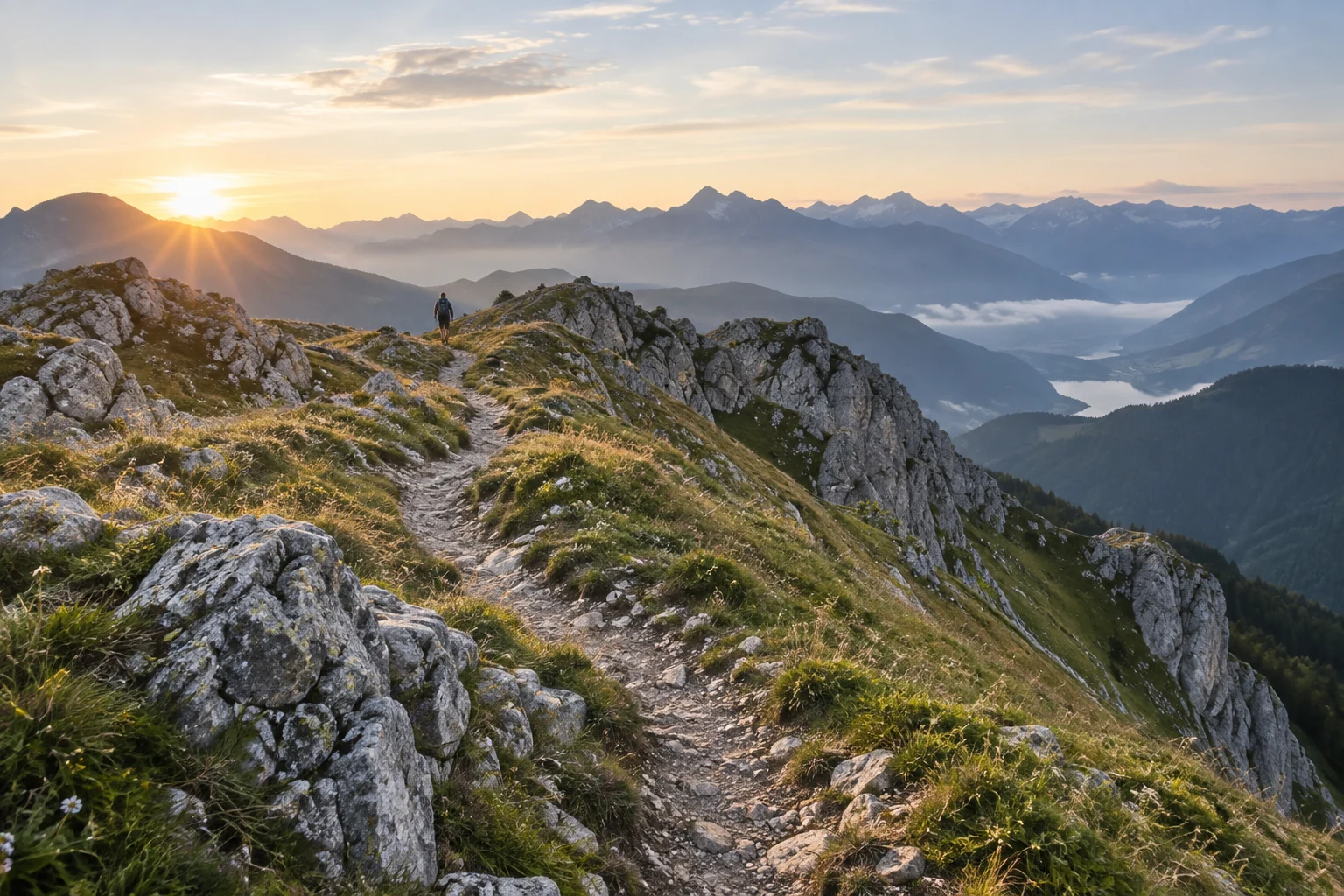 A winding alpine ridge trail above layered blue mountains at sunrise.