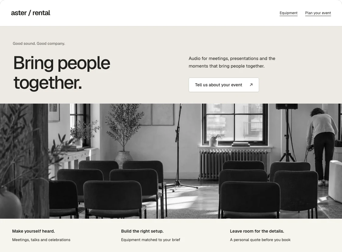 Aster Rental concept website with audio equipment and an event inquiry.