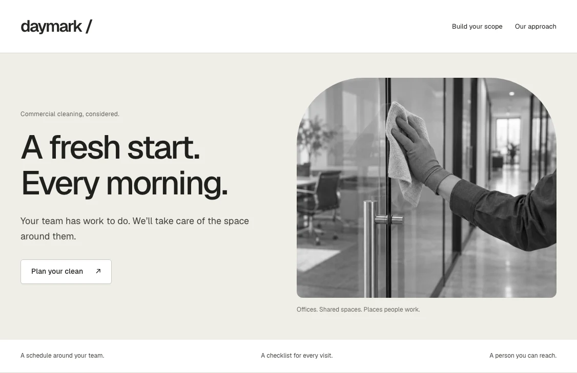 Daymark cleaning website with an arched cleaning photograph and scope-builder invitation.