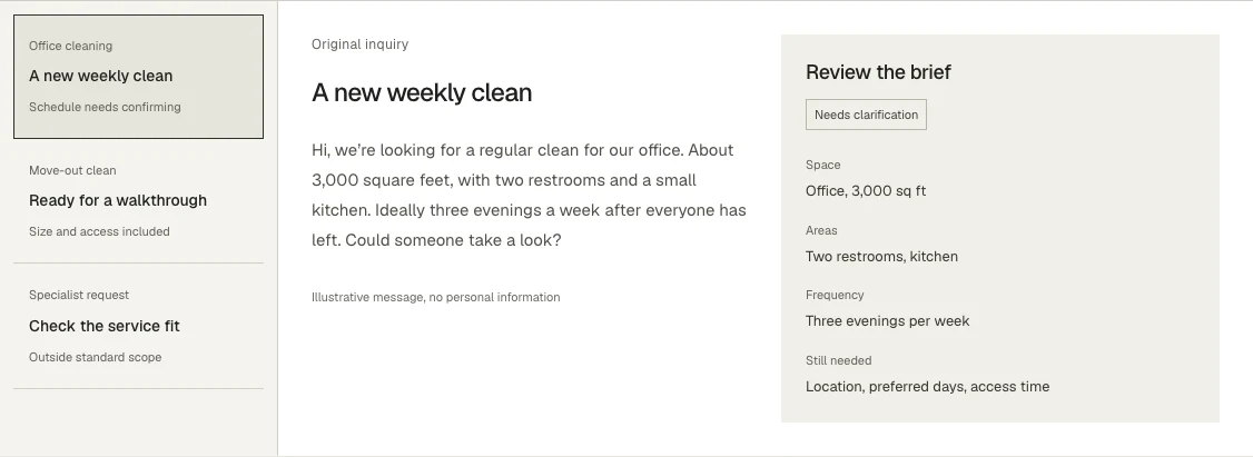 Daymark assistant showing a cleaning inquiry and structured brief.
