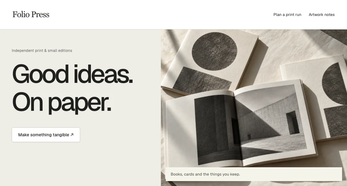 Folio Press website with original printed editions and oversized type.