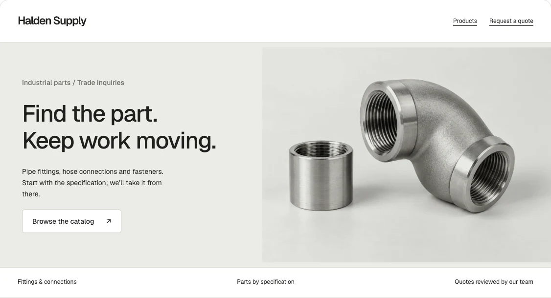 Halden Supply concept website with product photography and a clear quote request.
