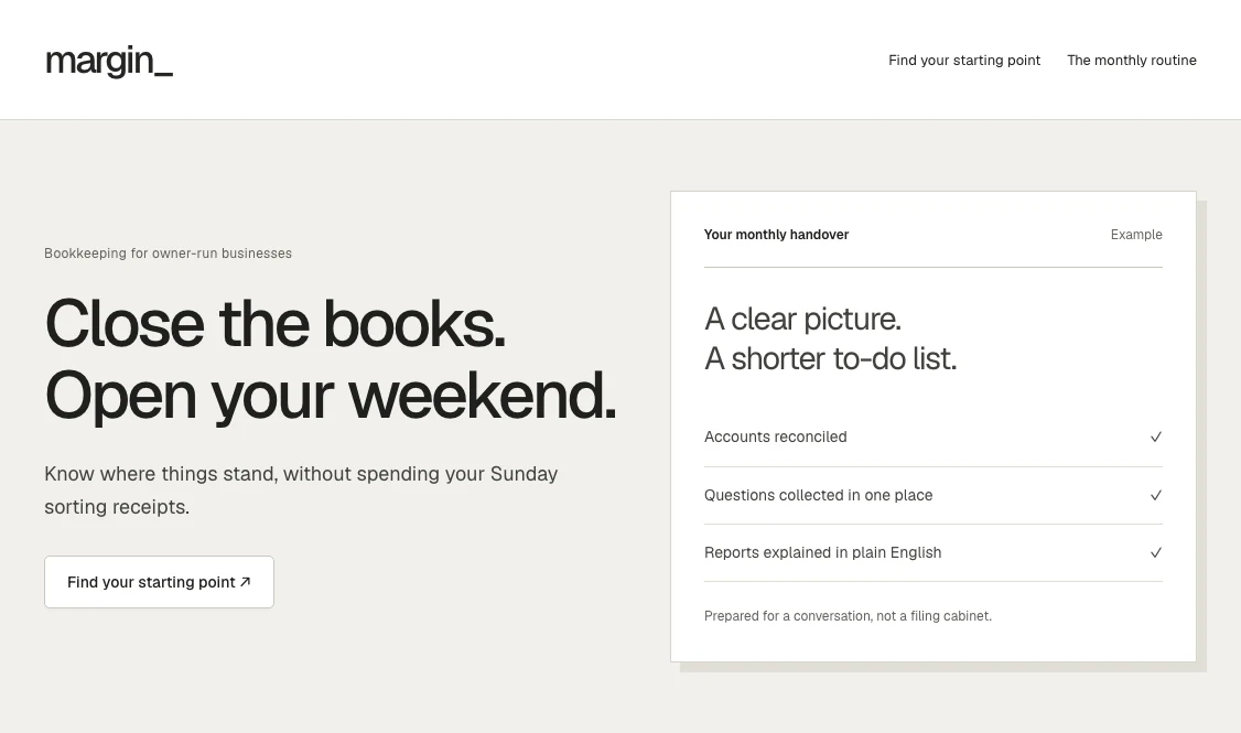 Margin bookkeeping website with a monthly handover sheet and service-fit selector.