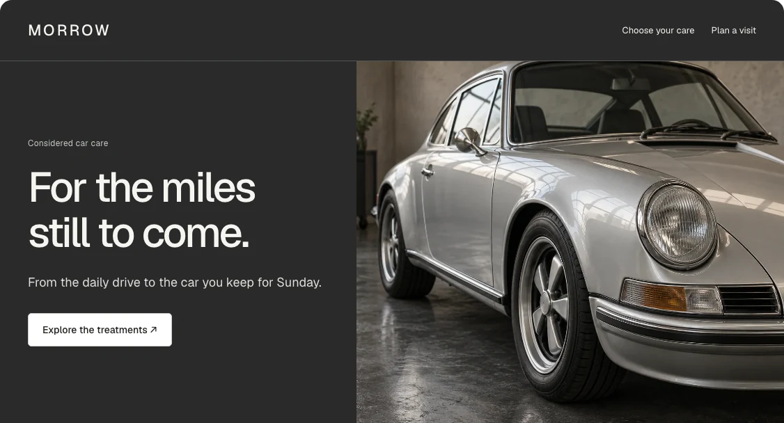 Morrow Auto detailing website with a silver coupe against a charcoal background.