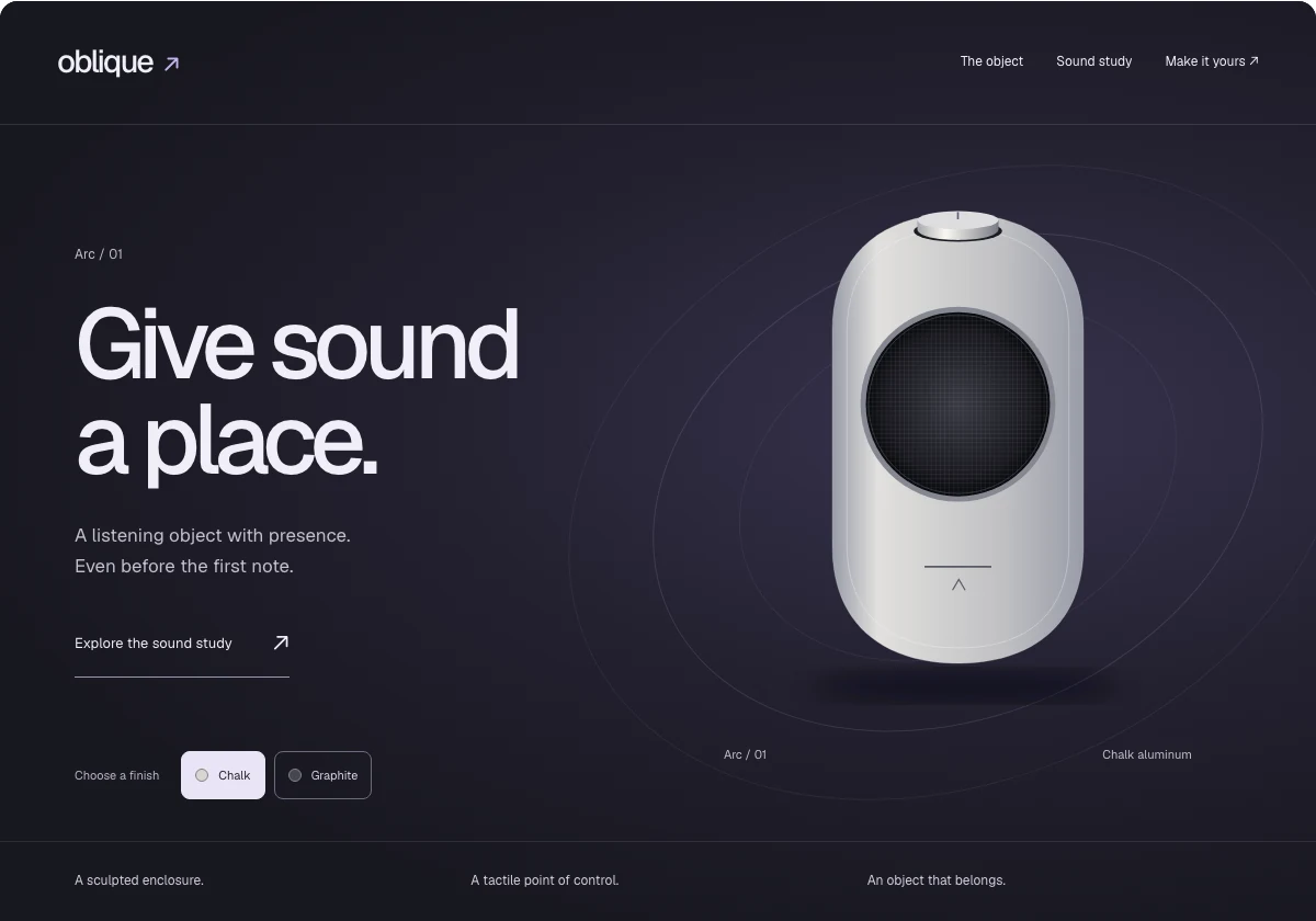 Oblique Audio concept with oversized type, an original speaker graphic and selectable finishes.