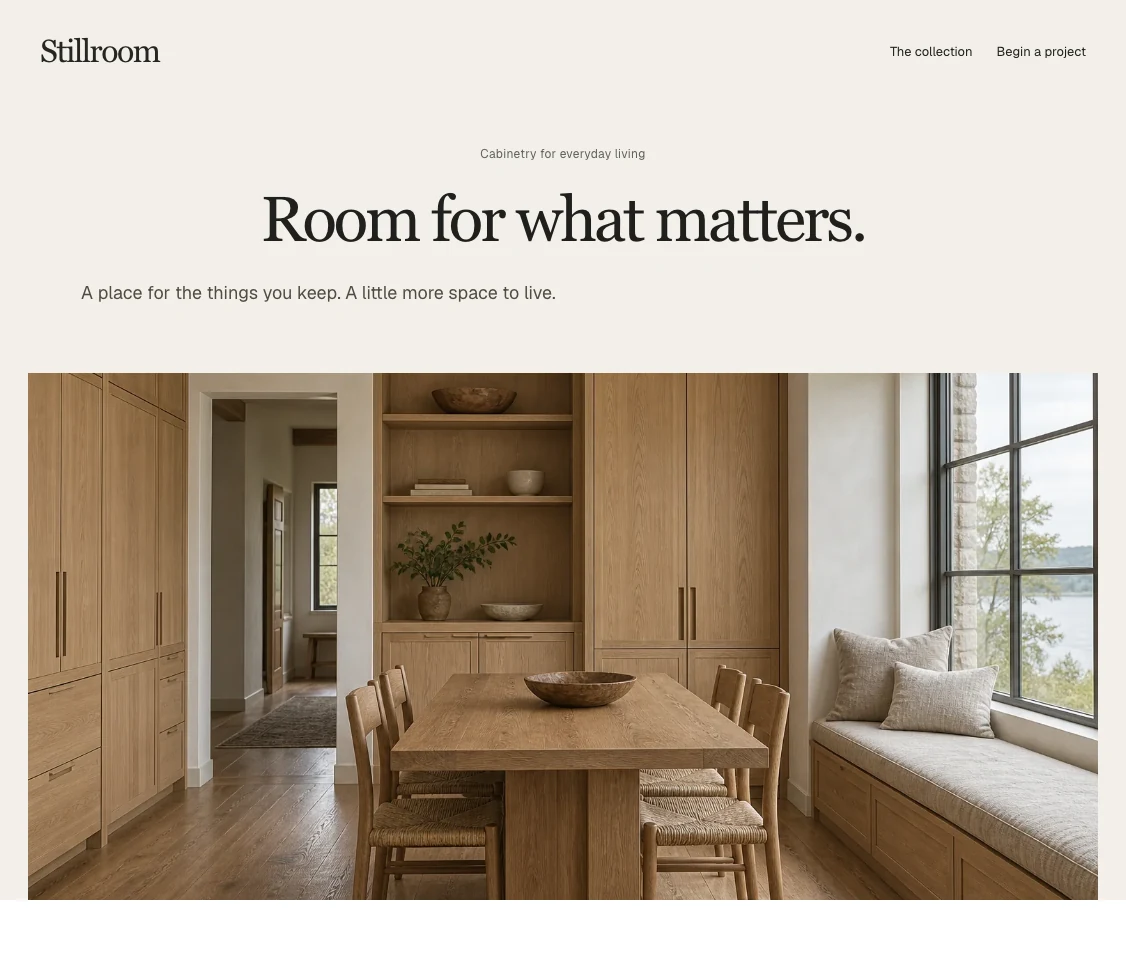 Stillroom original cabinetry website with a spacious editorial layout and a project inquiry.