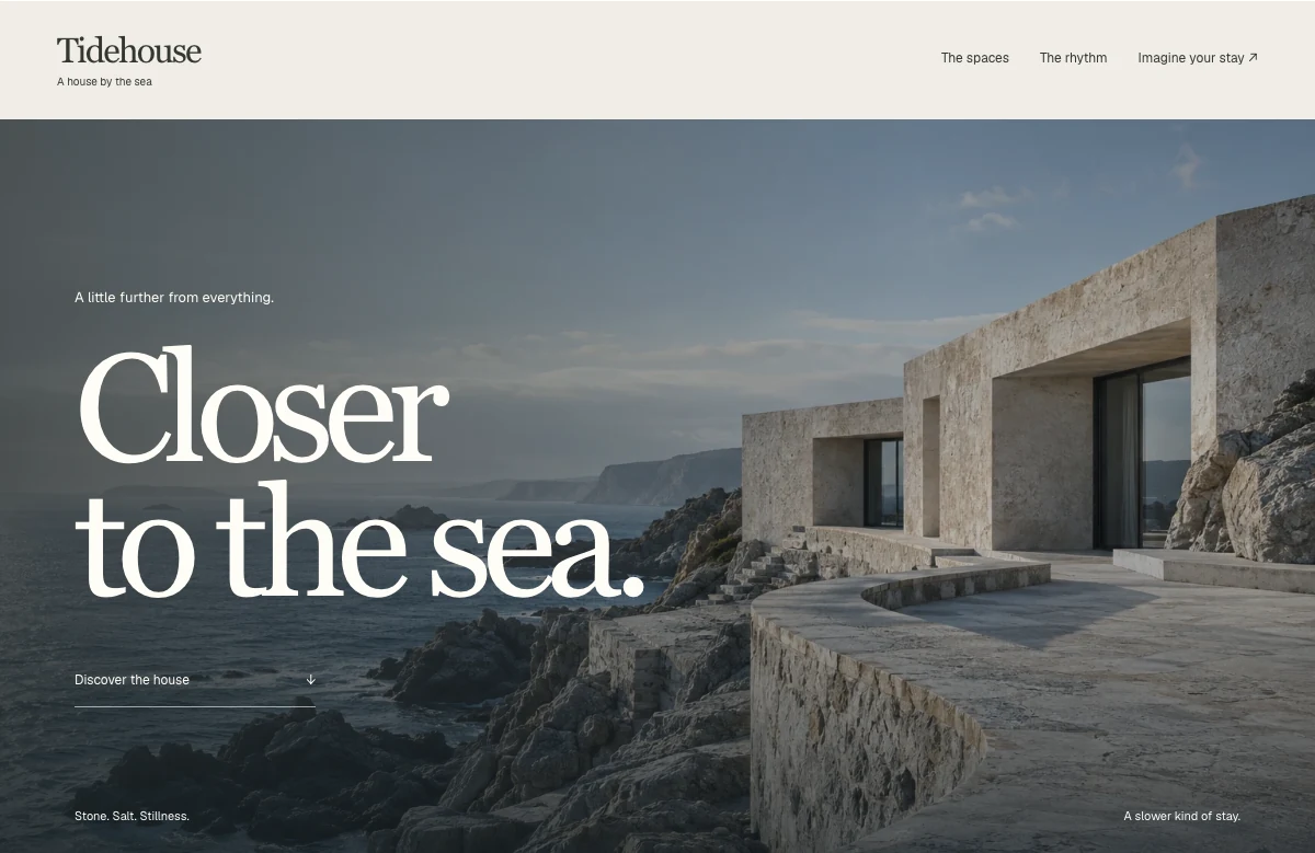 Tidehouse hospitality concept with immersive coastal photography and expressive editorial type.