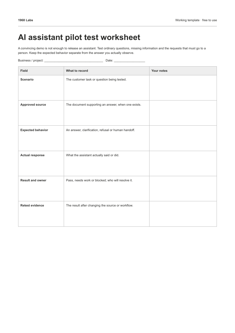 Preview of the printable ai assistant pilot test worksheet