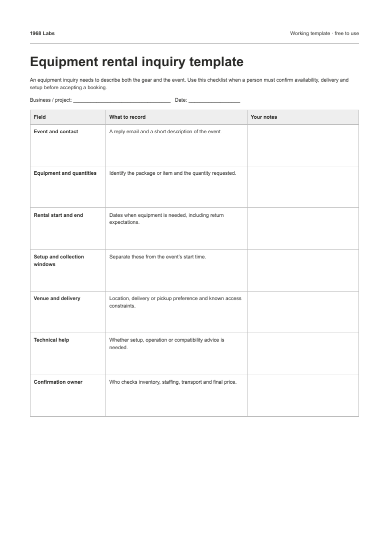 Preview of the printable equipment rental inquiry template