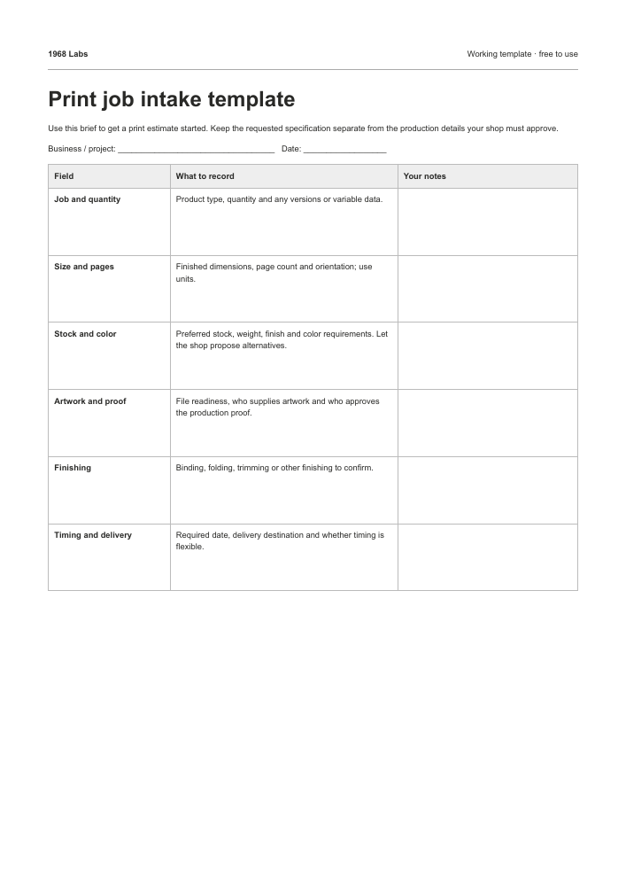Preview of the printable print job intake template