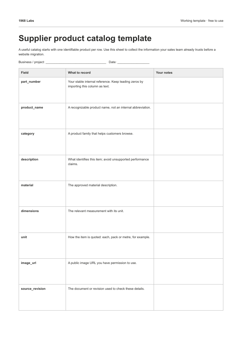 Preview of the printable supplier product catalog template