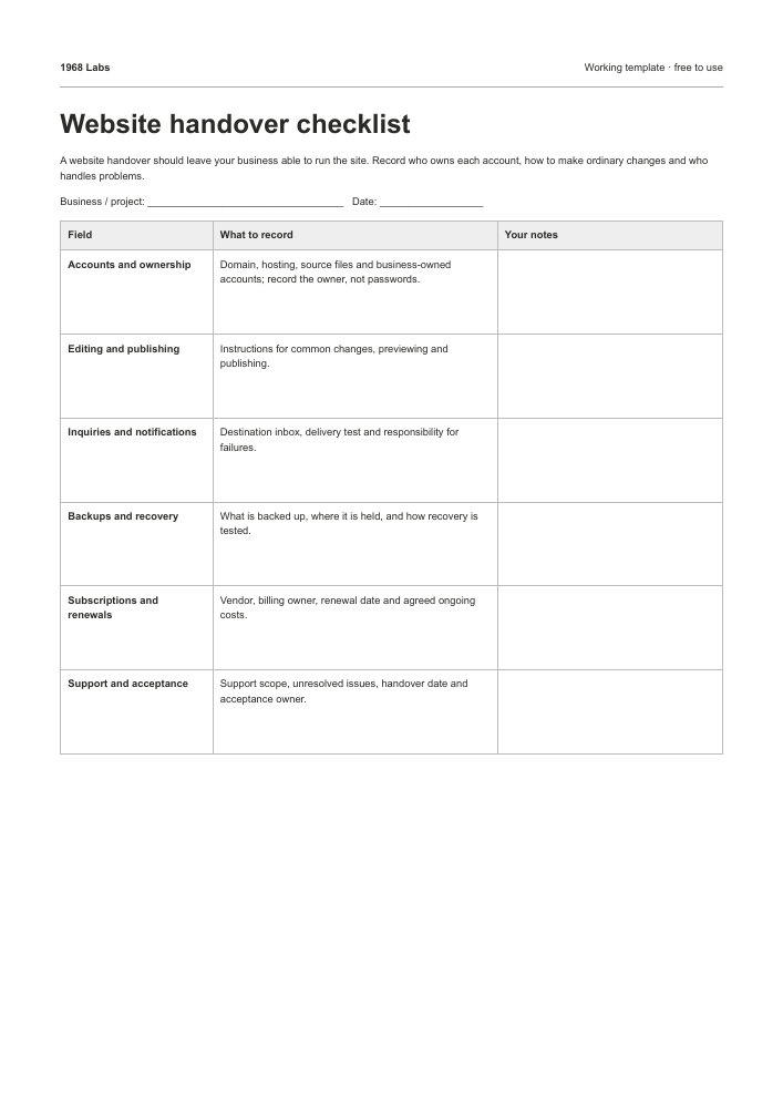 Preview of the printable website handover checklist