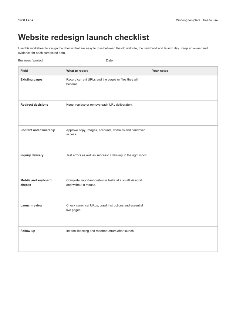 Preview of the printable website redesign launch checklist